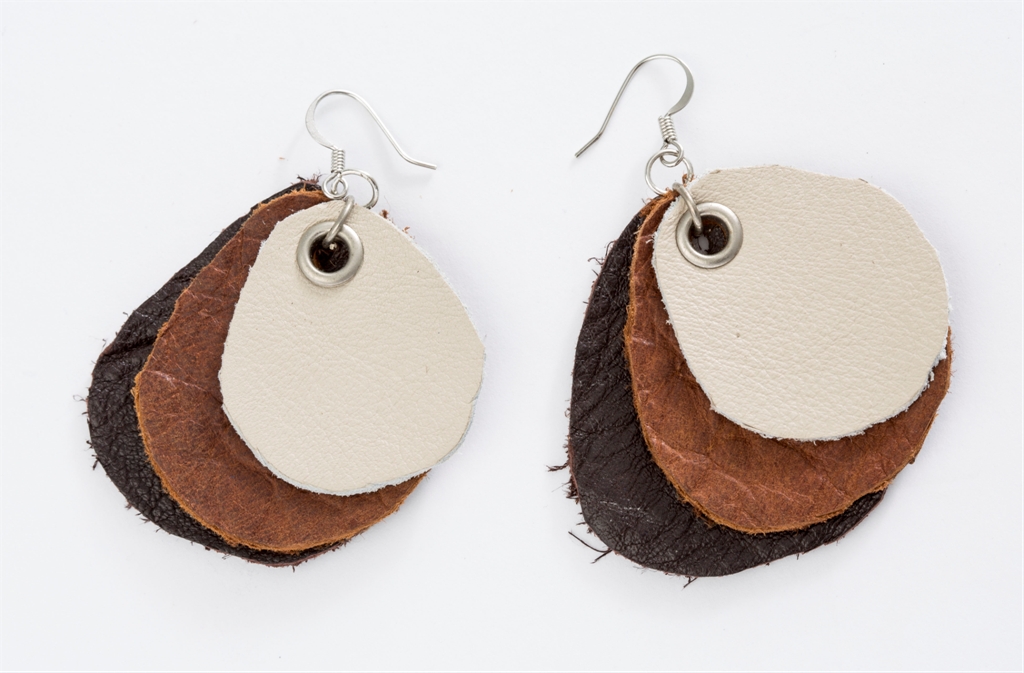 Layered cream, brown and black leather circle drop earrings