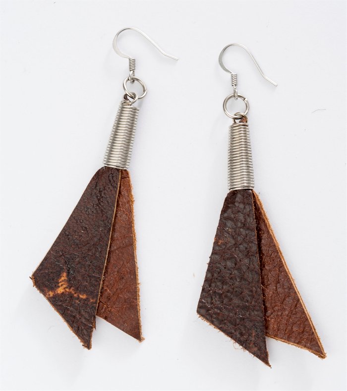 Angular brown leather fringe drop earrings with a wire-wrapped top