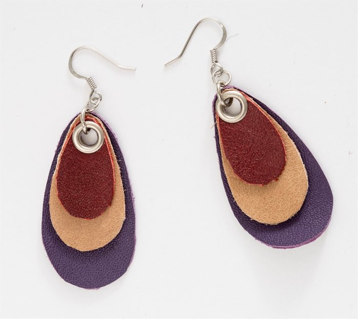 Layered teardrop leather earrings in purple, burgundy and tan